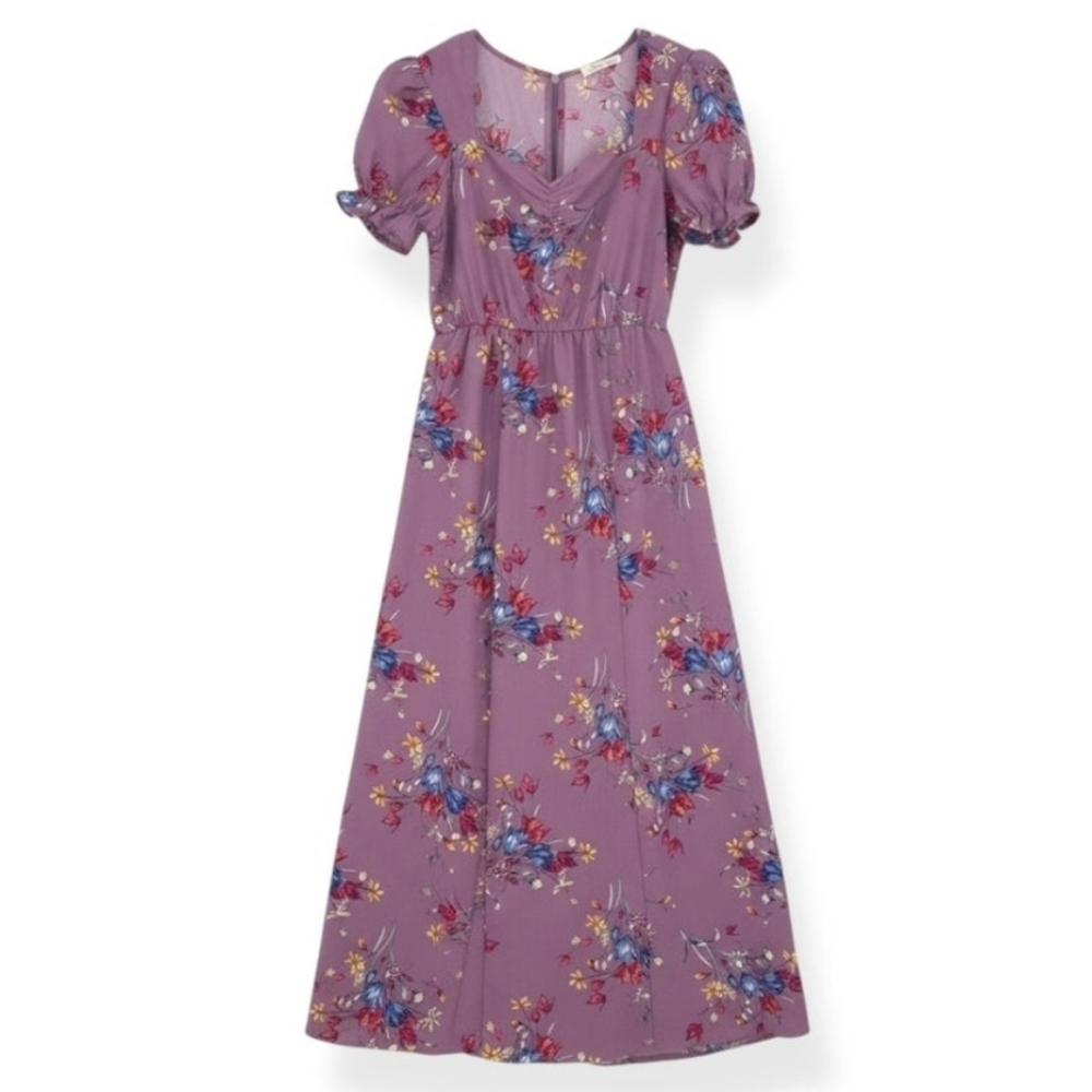 Promesa S Floral Puff Sleeve Maxi Dress Sweetheart Neckline & Front Slit Small - Picture 3 of 5